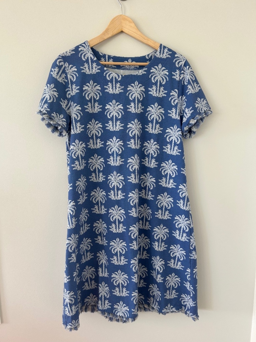Spartina 449 Island Blue Oyster Alley Palm Tree Sheath Dress Fringe Sz XL - EUC